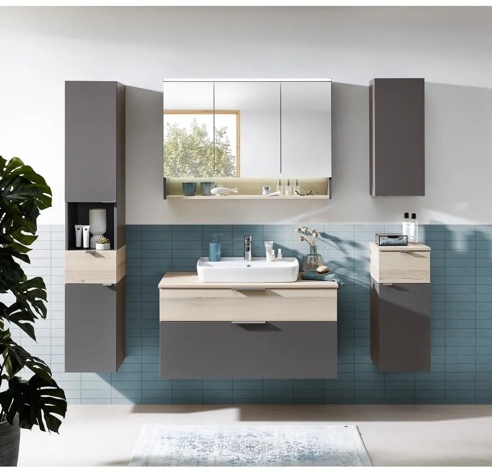 Szara/w naturalnym kolorze wisząca szafka łazienkowa w dekorze sosny 70x30 cm Quickset 394 – Pelipal