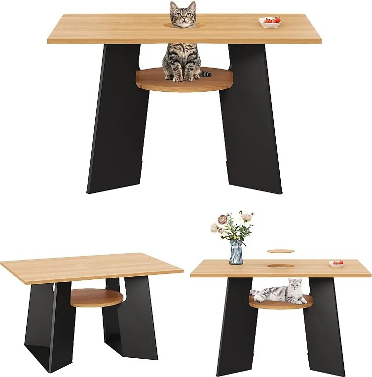 Stół jadalny - 130 x 85 x 75 cm - z miejscem dla zwierząt i tacką - MDF - czarny