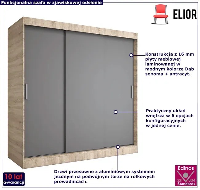 Szafa przesuwna 200 cm dąb sonoma + antracyt - Erco 6X