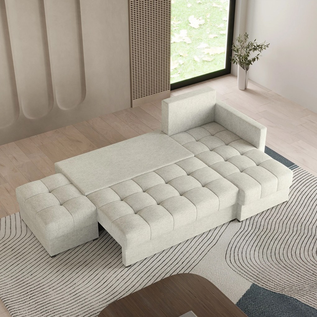 Masseno Narożnik LUMARI z funkcją spania i pojemnikiem na pościel Narozniki L, Rozkładana sofa - Kremowy, NEVE 02