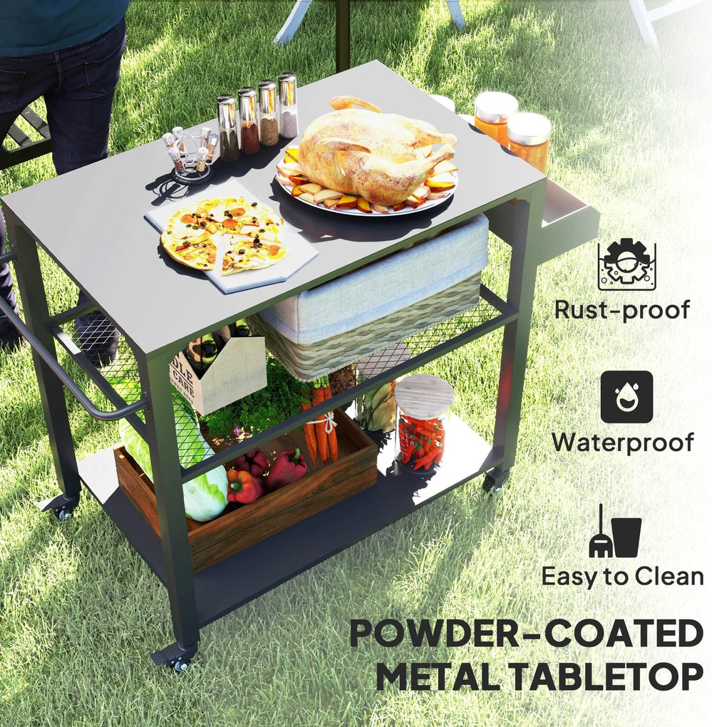Outsunny Wyspa Kuchenna na Zewnątrz, Wózek Grillowy z Półką na Zapasy, Uchwytem, 4 Kołami, Wózek Kuchenny, Taras, Ogród, Metal, Czarny