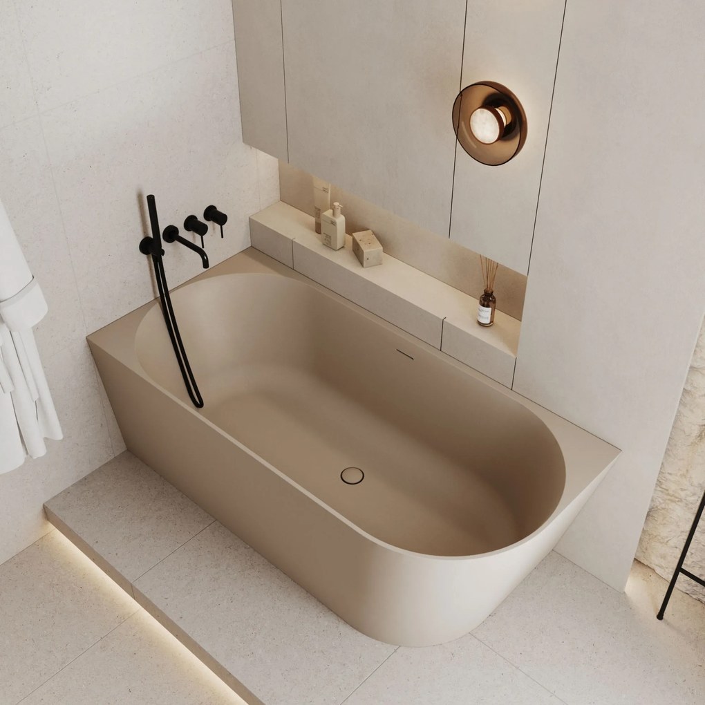 Wanna wolnostojąca narożna WALL Beige Glow / Matt lewa z konglomeratu beżowa błyszcząca/matowa 160 x 75 cm z przelewem typu SLIM : Kolor wanny - Beż matowy