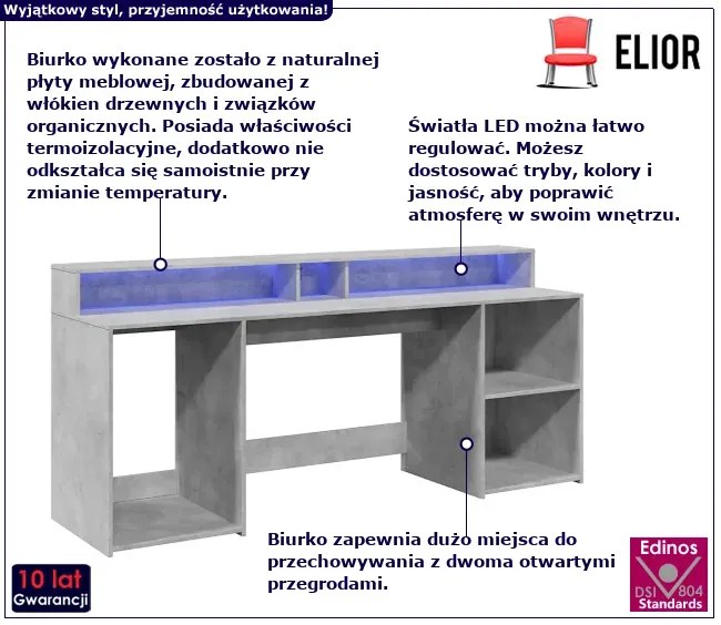Podświetlane biurko 200 cm betonowa szarość - Fixi