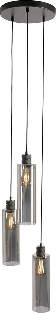 Nowoczesna lampa wisząca czarna z dymionym szkłem 3-światłowa - Stavelot