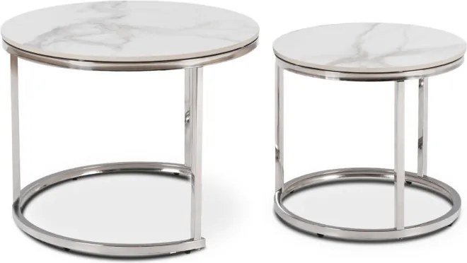 Zestaw Stolików Kawowych AMARA 45,5 cm/60 cm Biały Marmur/Srebrny Glamour