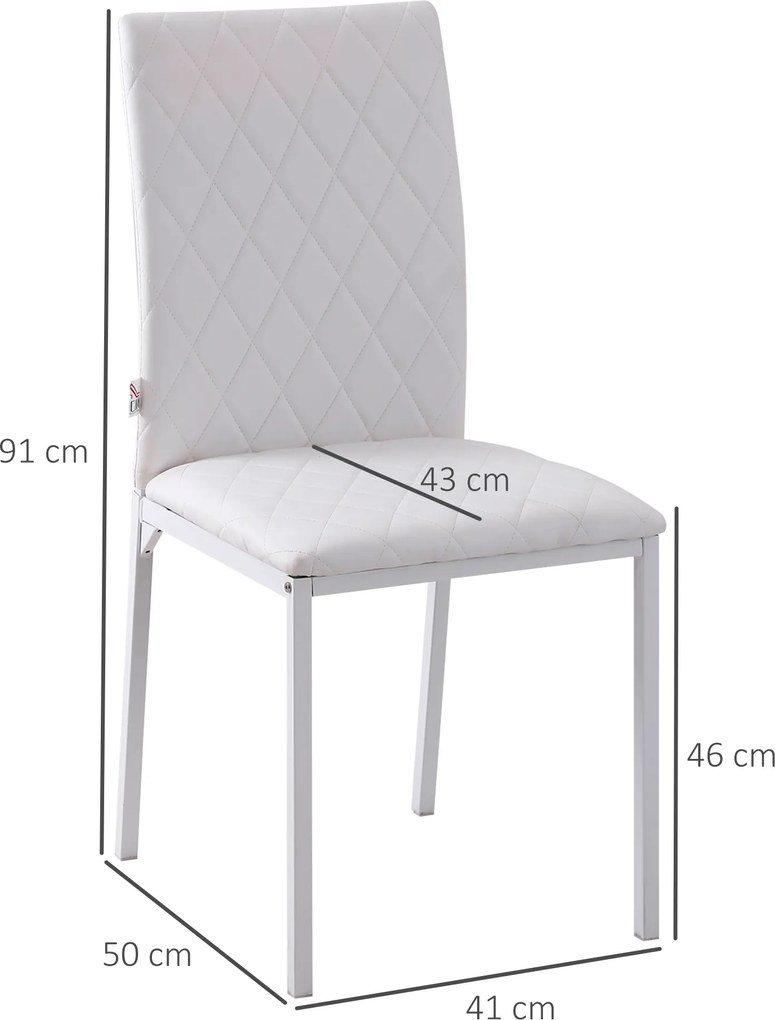 HOMCOM Krzesła do jadalni w zestawie 4 szt., krzesło kuchenne z oparciem, ekoskóra, krzesło do salonu z poduszką pod stopy, krzesła, krzesło tapicerowane z metalowymi nogami do stołu, biały