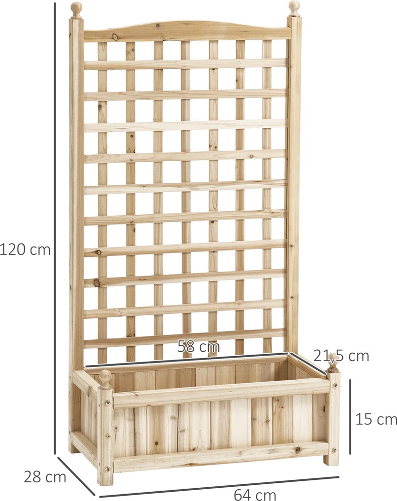 Outsunny Skrzynka Ogrodowa na Kwiaty z Kratką na Pnącza Drewniana Ławka Różana z Otworami Drenażowymi 64x28x120cm Naturalny Kolor | Aosom PL
