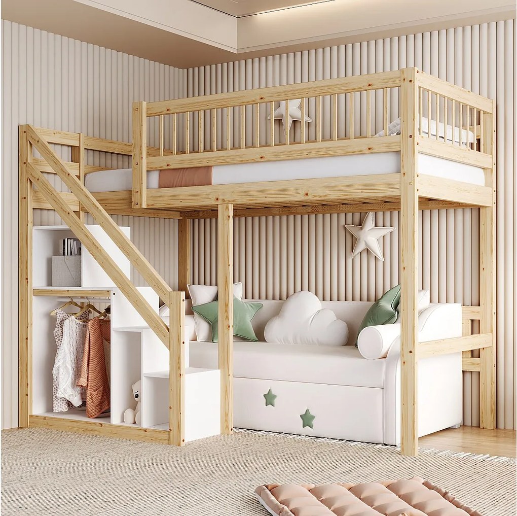 Łóżko antresola 90 x 200 cm ze schowkiem - Drewno lite + MDF - Naturalne i białe (bez materaca)