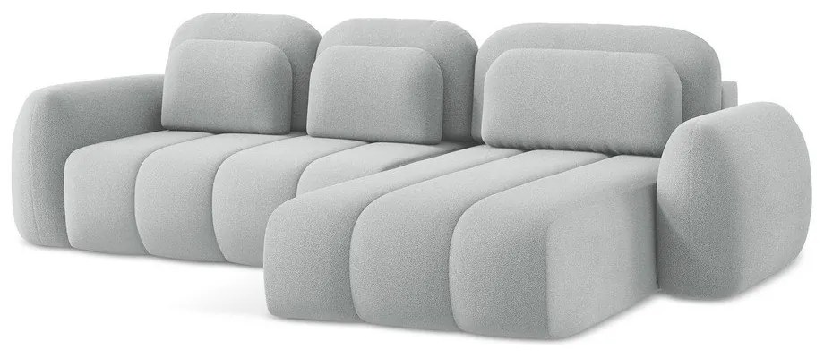 Jasnoszary rozkładany narożnik z materiału bouclé ze schowkiem (prawostronny/z szezlongiem) Pele – Makamii