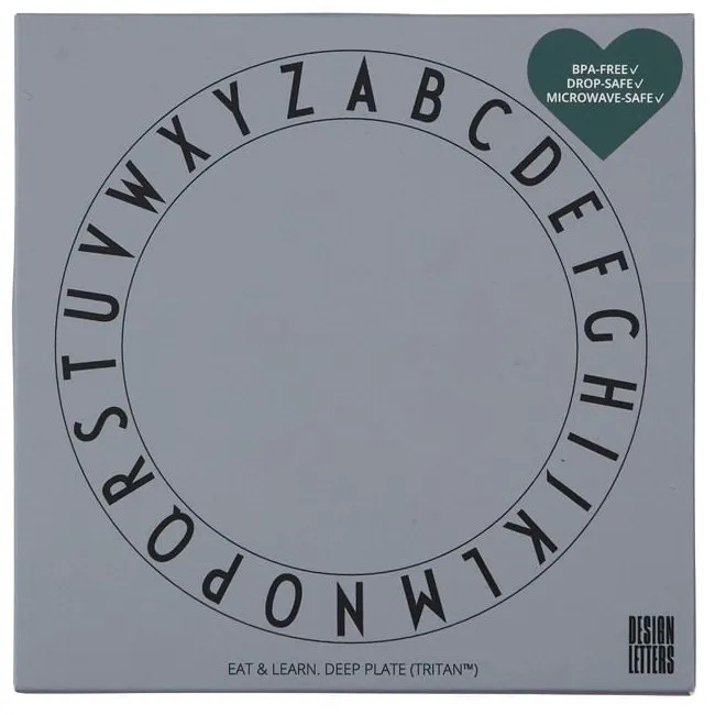 Szary głęboki talerz dla dzieci Design Letters Eat &amp; Learn, ø 15,5 cm
