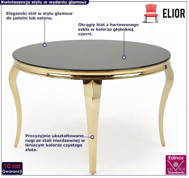 Okrągły stół w stylu glamour z czarnym szklanym blatem - Dalina