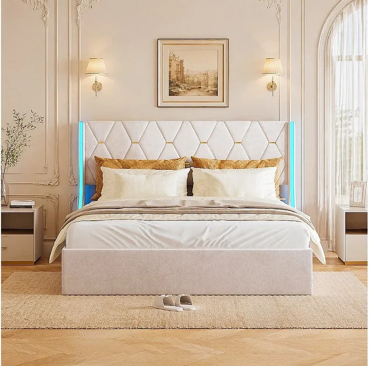 Łóżko Skrzyniowe Podwójne 140x190 cm w Beżowym Aksamicie z Podświetlanym RGB LED Zagłówkiem i Wbudowanym Schowkiem, Styl Współczesny