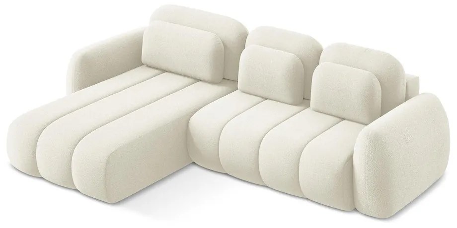 Beżowy rozkładany narożnik z materiału bouclé ze schowkiem (lewostronny/z szezlongiem) Pele – Makamii