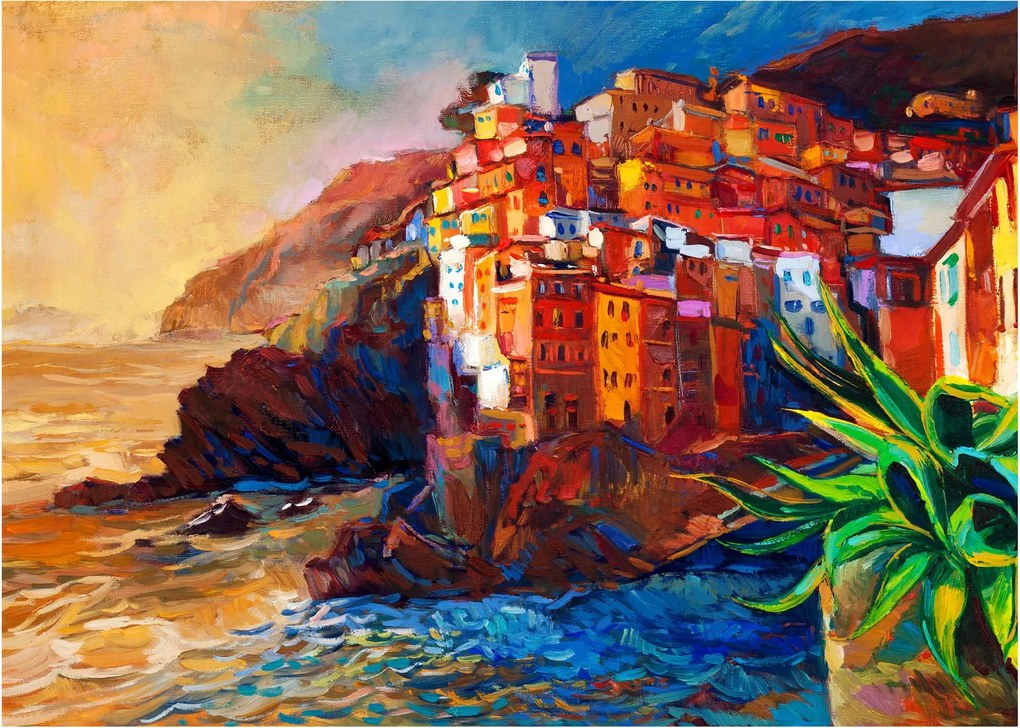 Obraz na szkle - Wieś na wybrzeżu Cinque Terre, Włoska Riviera, nowoczesny impresionism (70x50 cm)