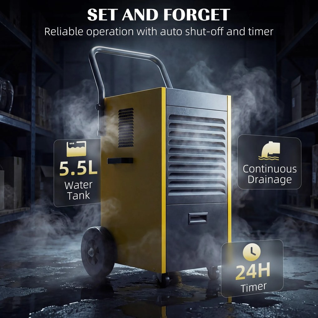 DURHAND Przemysłowy osuszacz powietrza 70L/dzień z kołami i uchwytem, wężem odpływowym, timerem 24-godzinnym, zbiornikiem 5,5L, żółty | Aosom PL