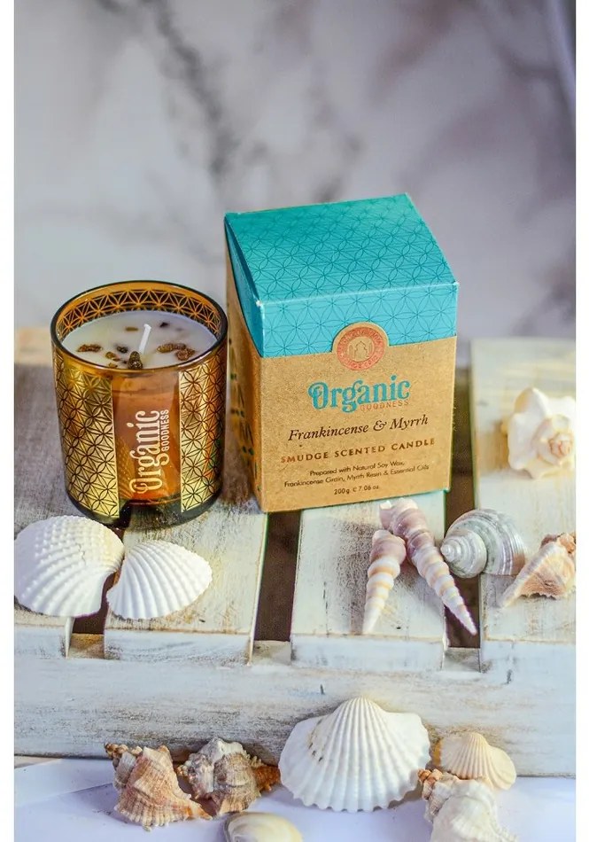Organiczna świeca kadzidlana Frankincense &Myrrh 200 g w szklanym pojemniku ze złotą folią