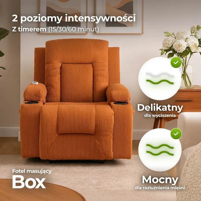 Fotel Masujący BOX Rozkładany Wypoczynkowy z Podnóżkiem Rudy Sztruksowy Japandi