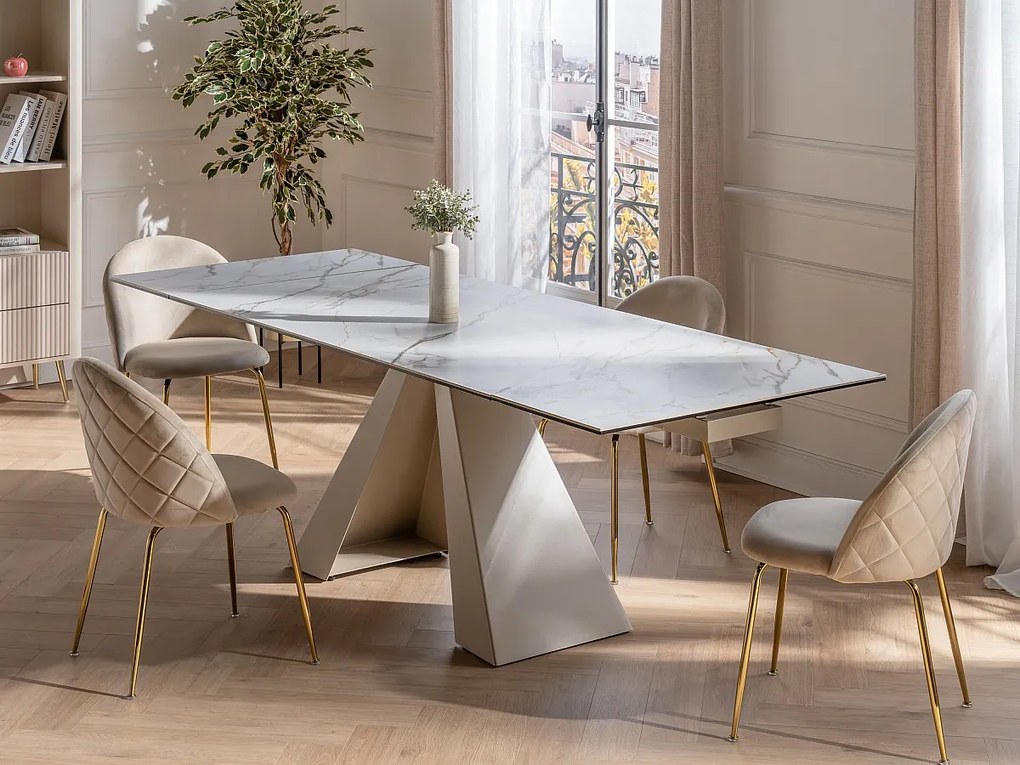 Rozkładany stół jadalniany 6-10-osobowy z ceramiki i metalu – imitacja marmuru biały i beżowy – LOZIPA marki Pascal Morabito