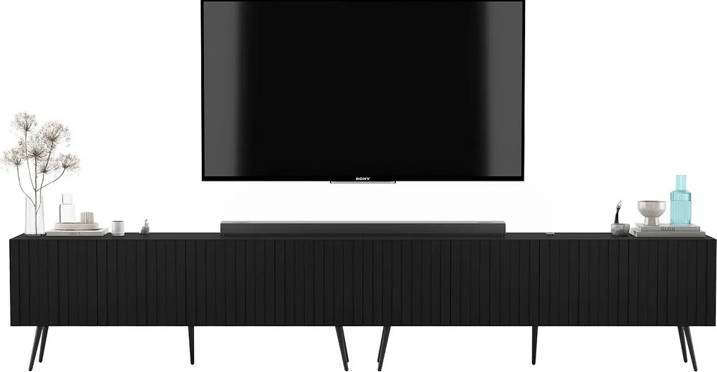 Szafka RTV z 8 drzwiczkami - Korpus czarny mat, ryflowane fronty czarny mat - 300 cm, czarne nóżki