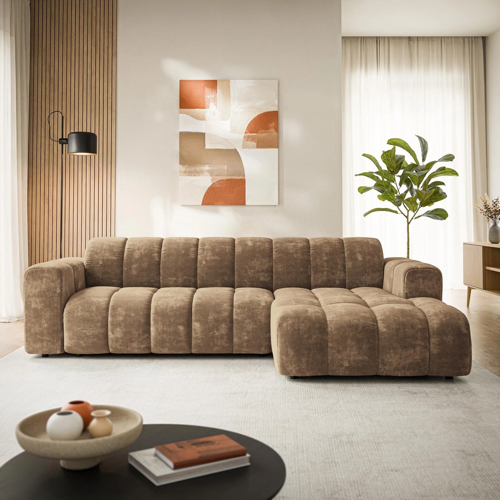 Masseno Narożnik SETIA Prawostronny, L-Kształtny, Nowoczesna Sofa narożna, Tkanina Szenilowa - Beżowy, LUMO 30