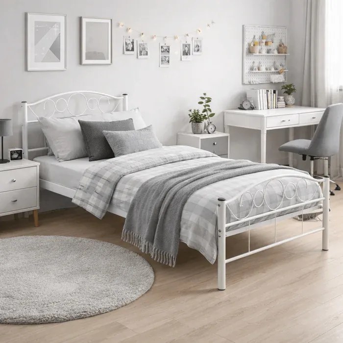 Łóżko Metalowe Jednoosobowe 90x200 cm ze Stelażem GRIFFIN Metalowe Białe Nowoczesne