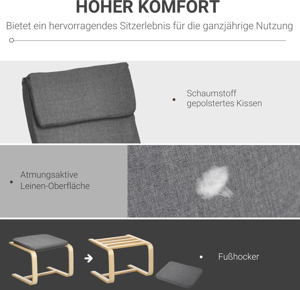 HOMCOM Fotel Relaksacyjny z Podnóżkiem Szary Lniany Pokrycie Drewniana Rama Wygodne Siedzisko z Podłokietnikami | Aosom PL