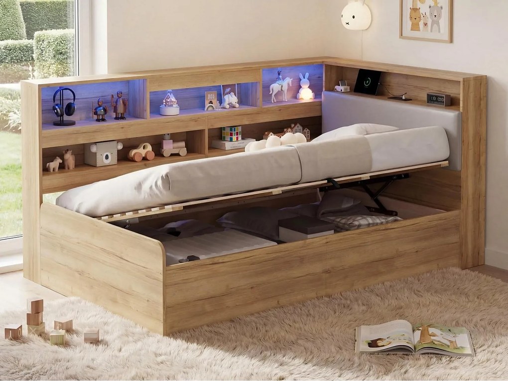 Łóżko dziecięce z pojemnikiem 90x200cm - z portem USB i LED - Przechowywanie pod łóżkiem - Przegródki do przechowywania - MDF - Naturalny​ (bez materaca)