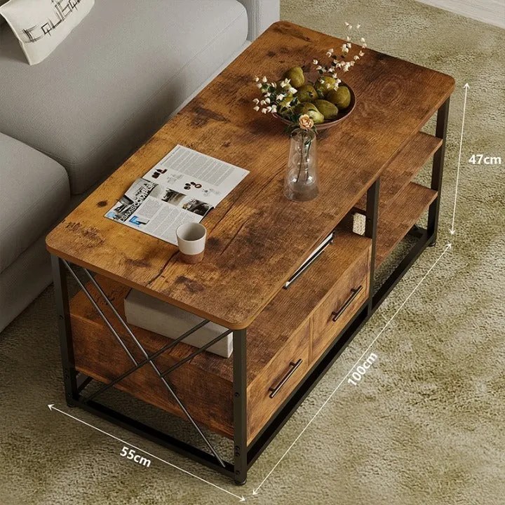 Stolik Kawowy Loft z 2 Szufladami i Półkami Dąb Rustykalny Czarny Metal 100x55x47 cm