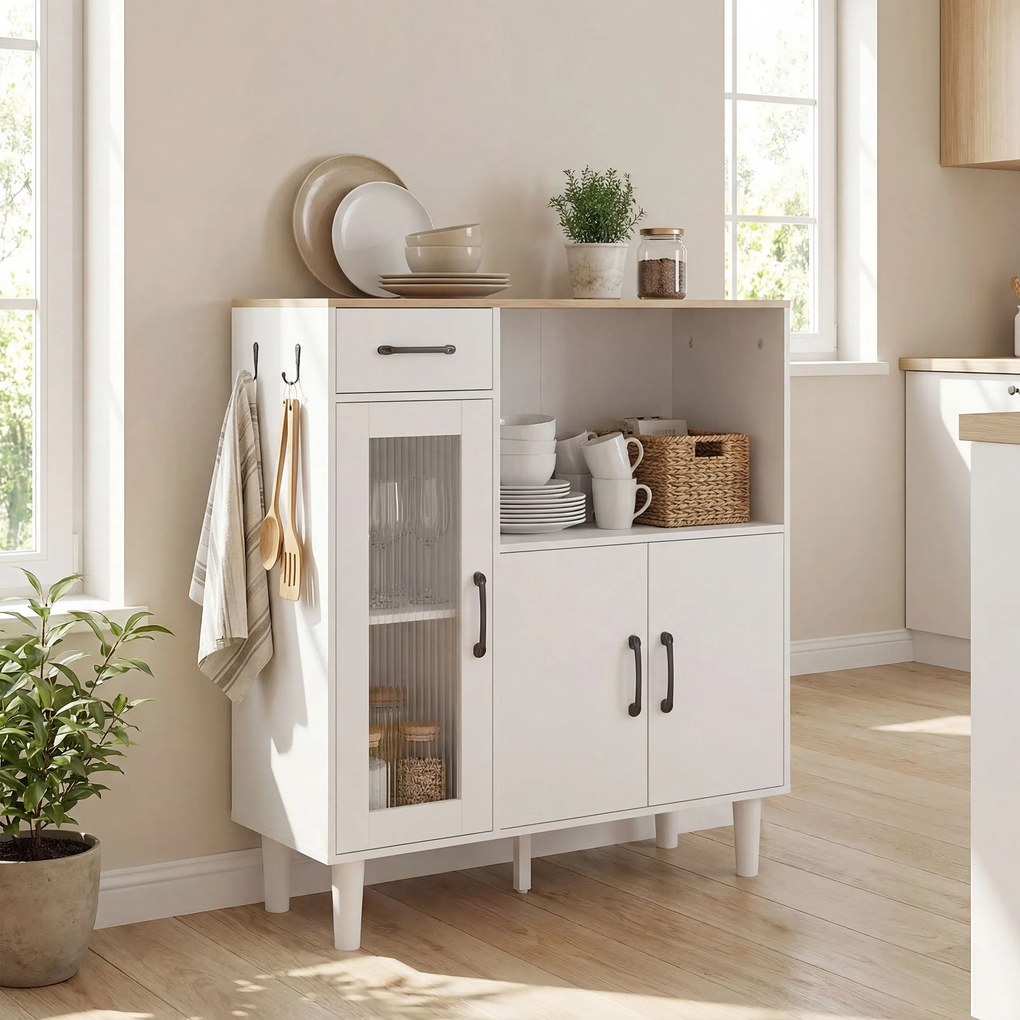 HOMCOM Kredens kuchenny z szufladą, 2 szafkami, otwartą półką, prążkowanymi drzwiami z akrylu 80 x 34 x 91 cm Biały + Dąb | Aosom PL