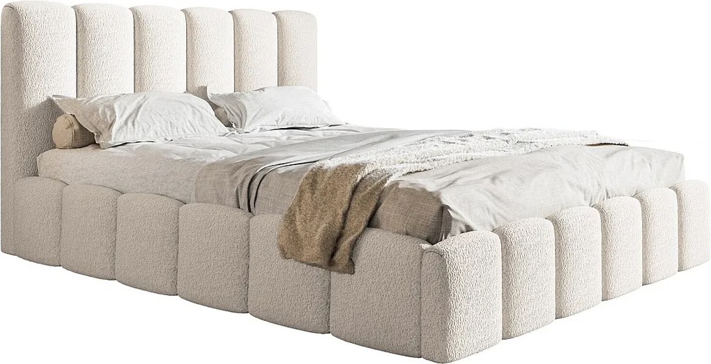 Łóżko dwuosobowe 160x200 Palermo - pojemnik i stelaż metalowy, tkanina boucle, kremowy (Anthology 1)