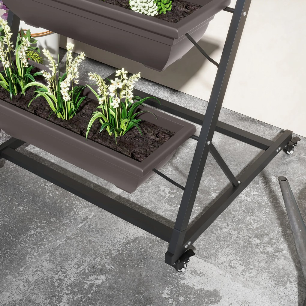 Outsunny 5-poziomowy stojak na rośliny, 145 cm wysoki kwietnik z doniczkami i kółkami, stalowy kwietnik, brązowy | Aosom PL