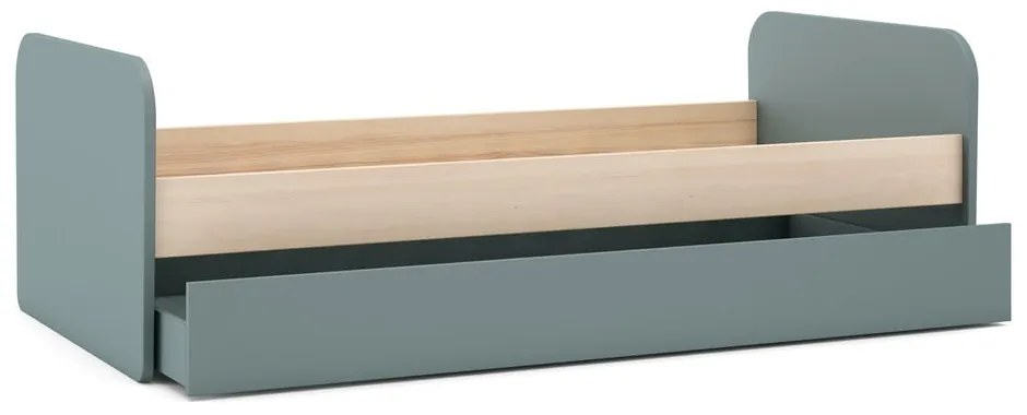 Szarozielone łóżko dziecięce w dekorze sosny z wysuwanym łóżkiem ze schowkiem i stelażem 90x200 cm Esteban – Marckeric
