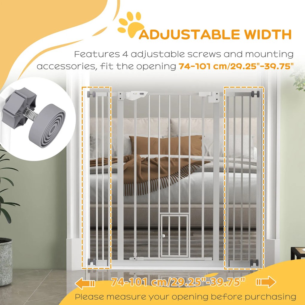 PawHut Bramka dla psów, podwójne ryglowanie, samoczynnie zamykane drzwi, 104 cm wysokości, stal, biały