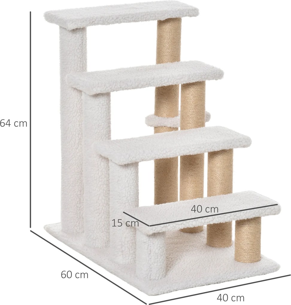 Drabinka dla Zwierząt z Piłeczką i Drapakiem PawHut, 4-stopniowa, Pluszowa i Trwała, Biała, Idealna dla Małych i Starszych Zwierząt, 60x40x64 cm