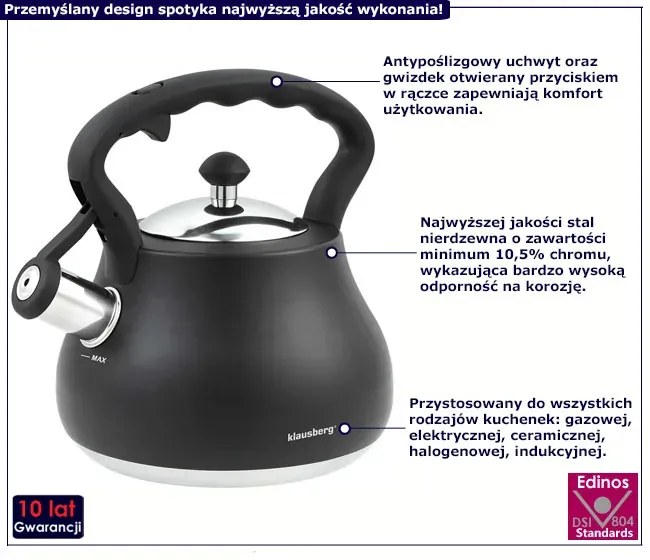 Czarny elegancki czajnik z gwizdkiem 2,7L 60cm R4-E57