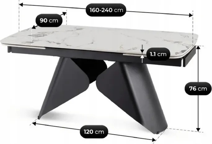 Stół Rozkładany Prostokątny VERONA 160-240 cm Ceramiczny Biały Marmur/Czarny Loft
