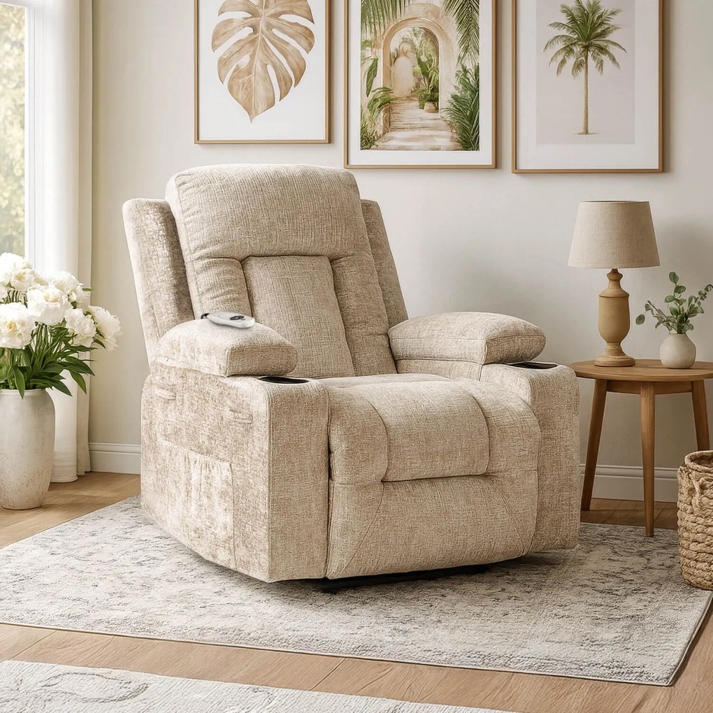 Fotel Masujący BOX Rozkładany Wypoczynkowy z Podnóżkiem Beżowy Welurowy Nowoczesny