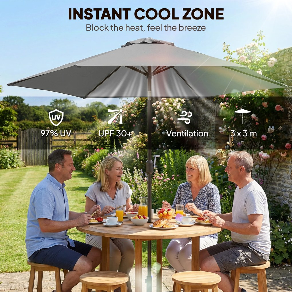Outsunny 3-metrowy parasol ogrodowy z pokrowcem, z funkcją przechyłu i korbą, wentylacja, szary | Aosom PL