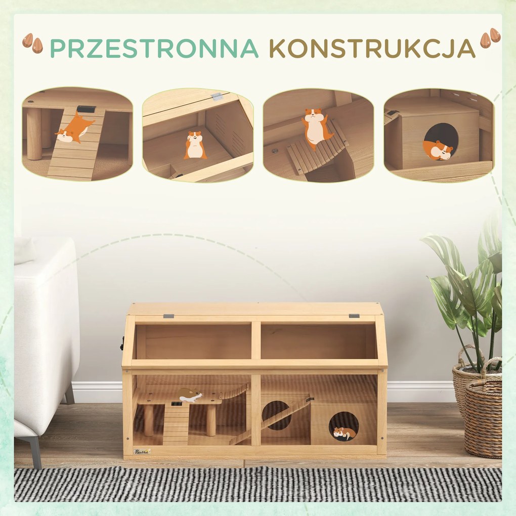 PawHut Klatka dla syryjskich i karłowatych chomików, z platformą, wiszącym mostkiem, chatką, 85x45x44 cm | Aosom PL