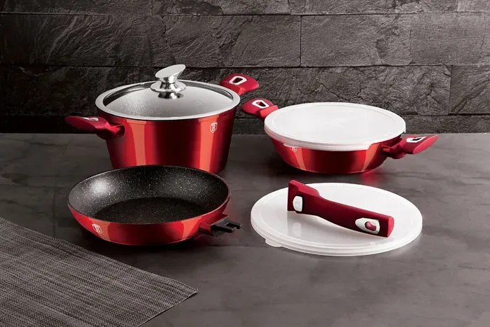 Zestaw czerwonych aluminiowych garnków z powłoką granitową N8-N07