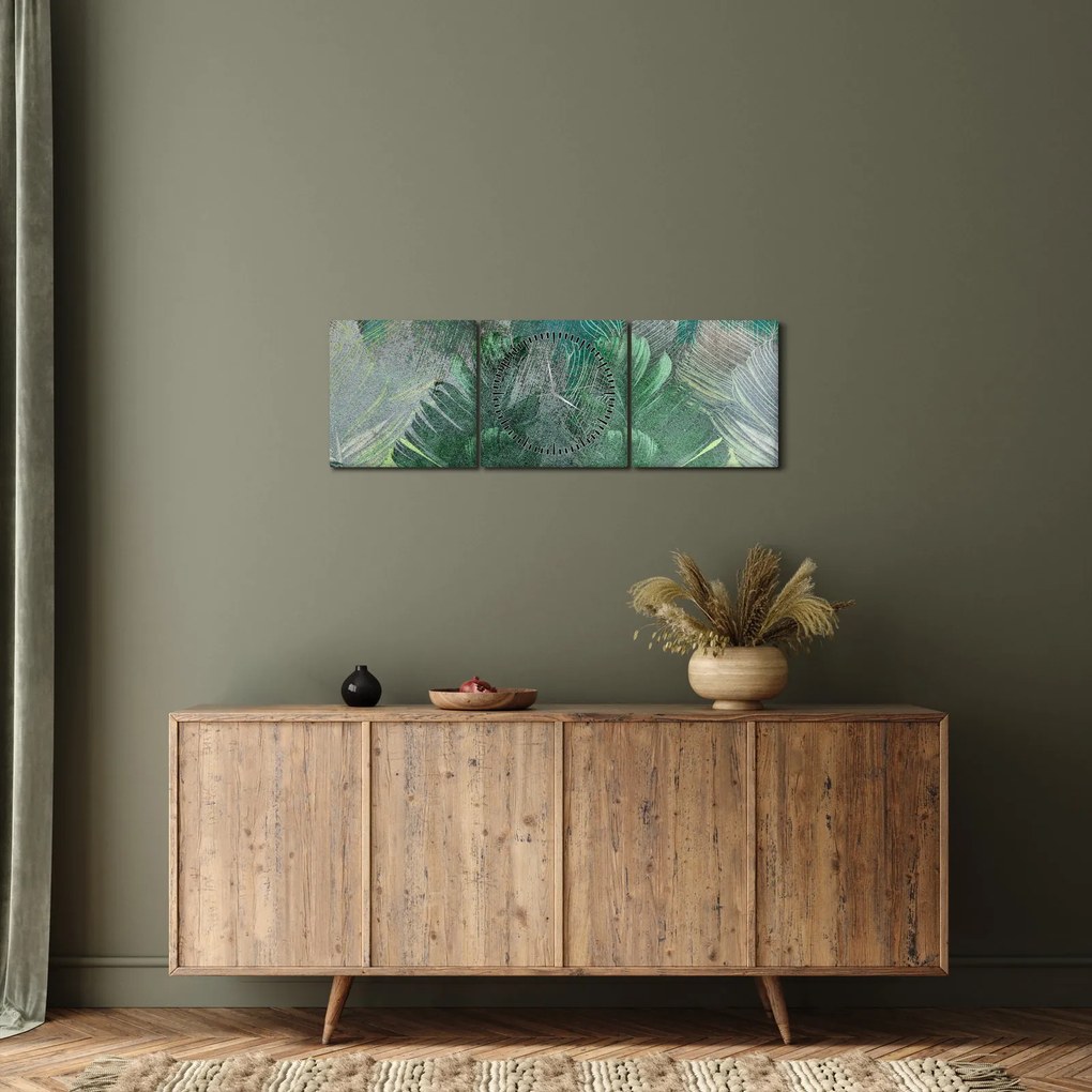 Obraz - Tekstura betonu z liśćmi (z zegarem) (90x30 cm)