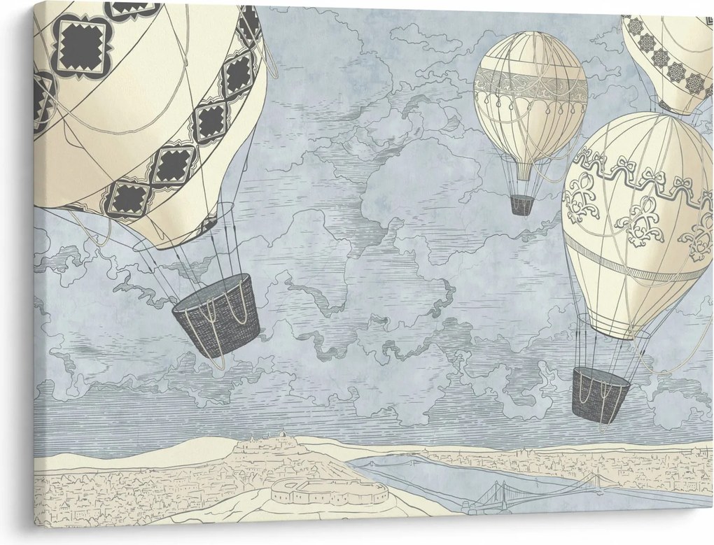 Obraz - Balony nad miastem, zimne odcienie (70x50 cm)