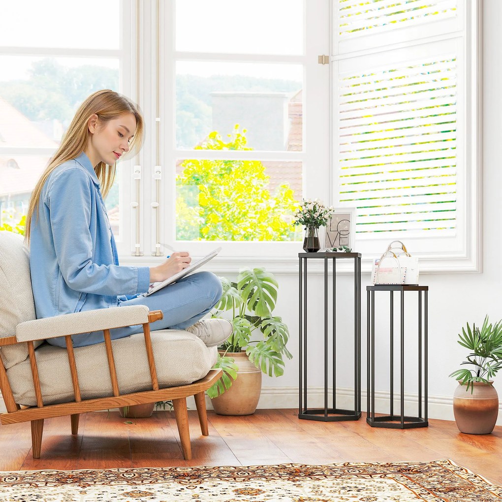 Outsunny 2-częściowy zestaw stojaków na rośliny do wnętrz i na zewnątrz, heksagonalne metalowe uchwyty na doniczki do ogrodu, tarasu, balkonu | Aosom PL