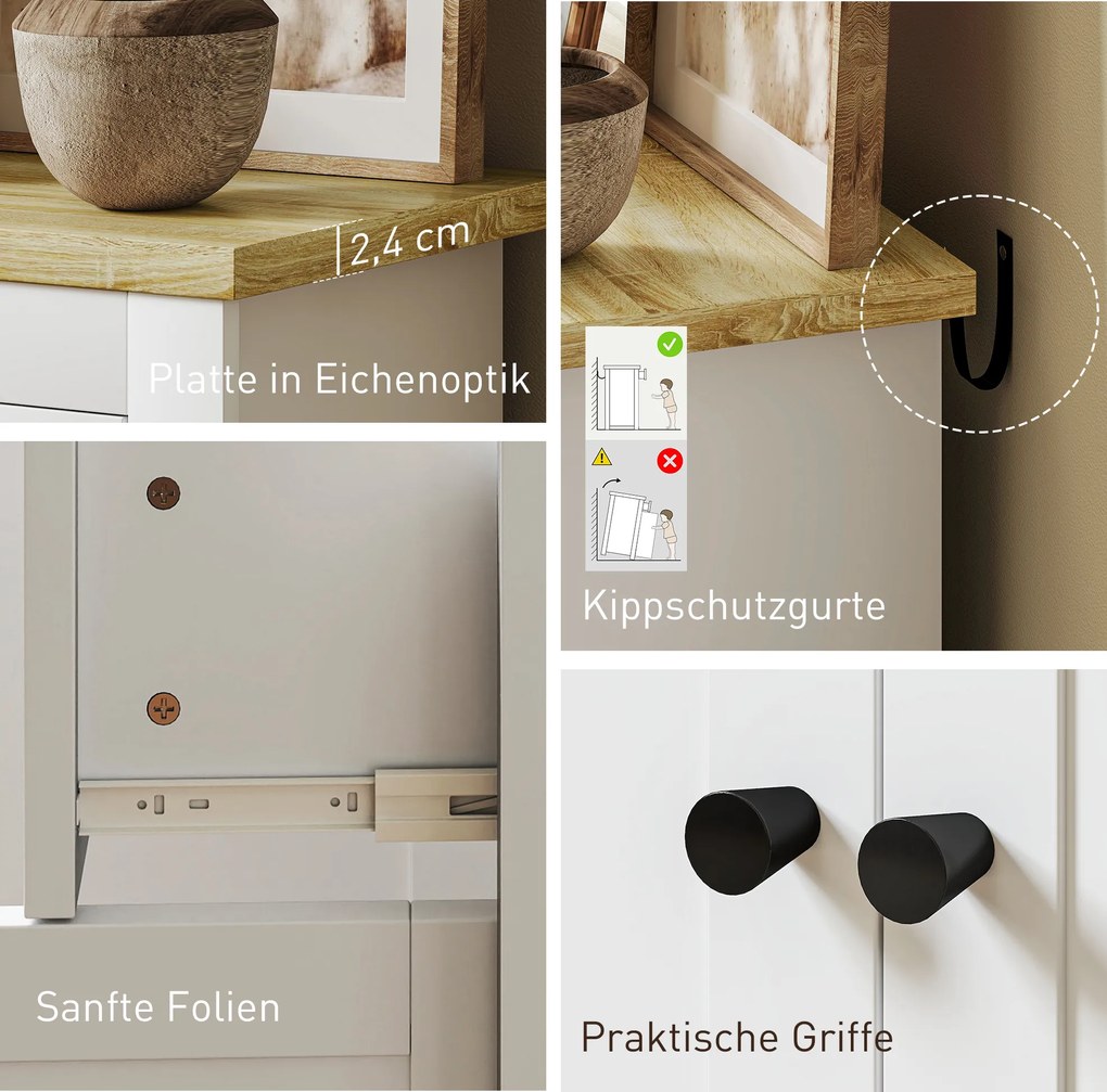 HOMCOM Komoda z dużą ilością miejsca, sideboard z drzwiami Soft-Close, 2 szuflady, regulowana półka, Biały