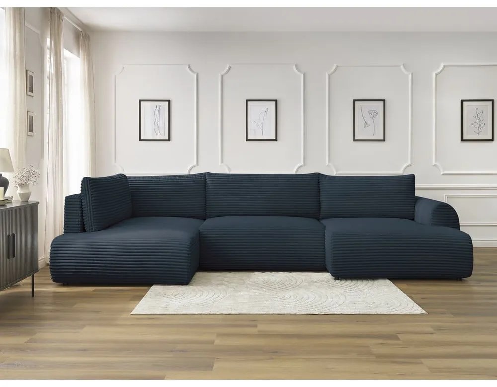 Ciemnoniebieski sztruksowy rozkładany/ze schowkiem narożnik (lewostronny/w kształcie litery U) Lucien – Bobochic Paris