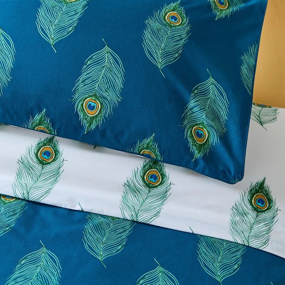 Biało-zielononiebieska bawełniana pościel dwuosobowa 230x220 cm Peacock Feather – Their Nibs