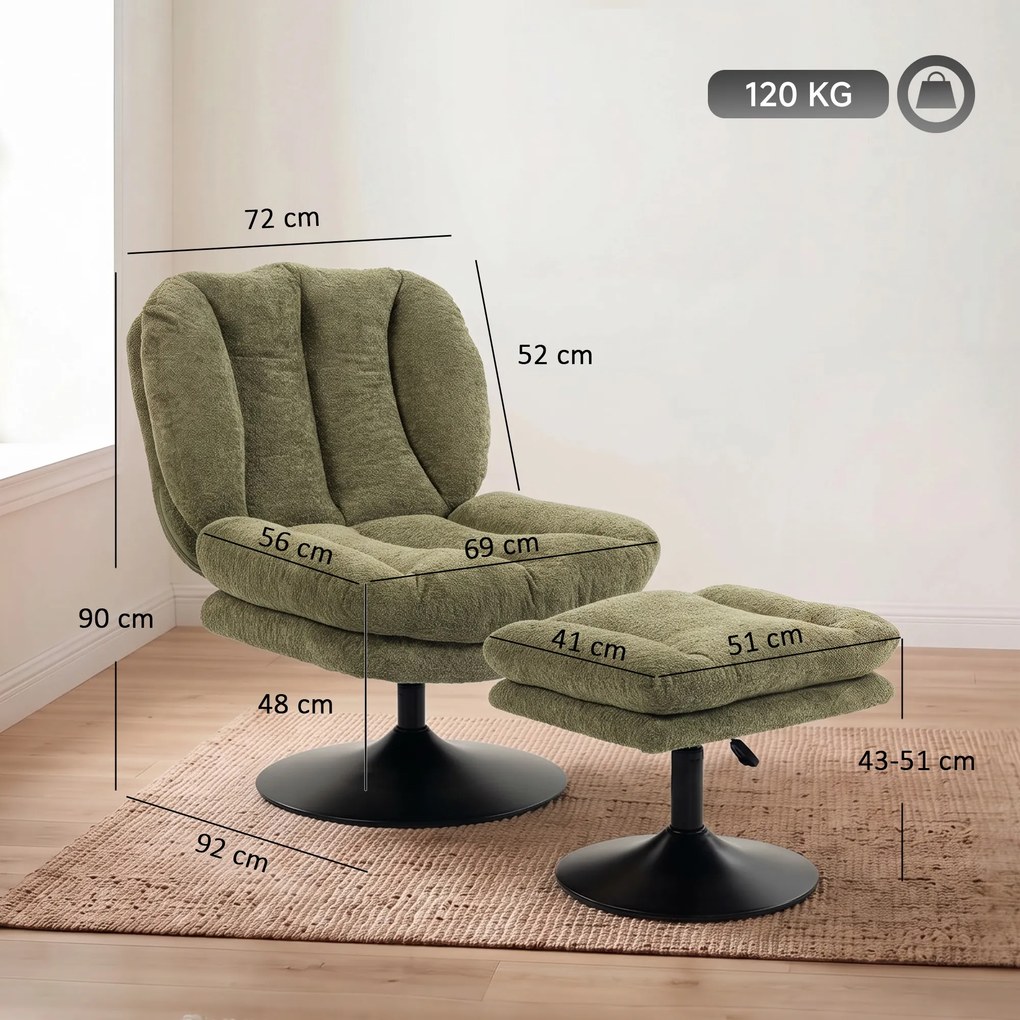HOMCOM Fotel lounge z podnóżkiem, obracany 360°, z weluru Raindrop, regulowany podnóżek, Zielony | Aosom PL