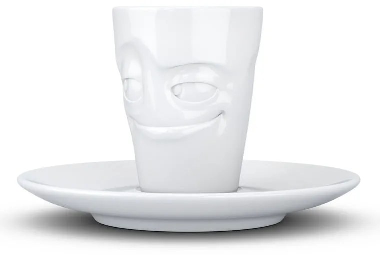 Biała uśmiechnięta porcelanowa filiżanka do espresso ze spodkiem 58products, 80 ml