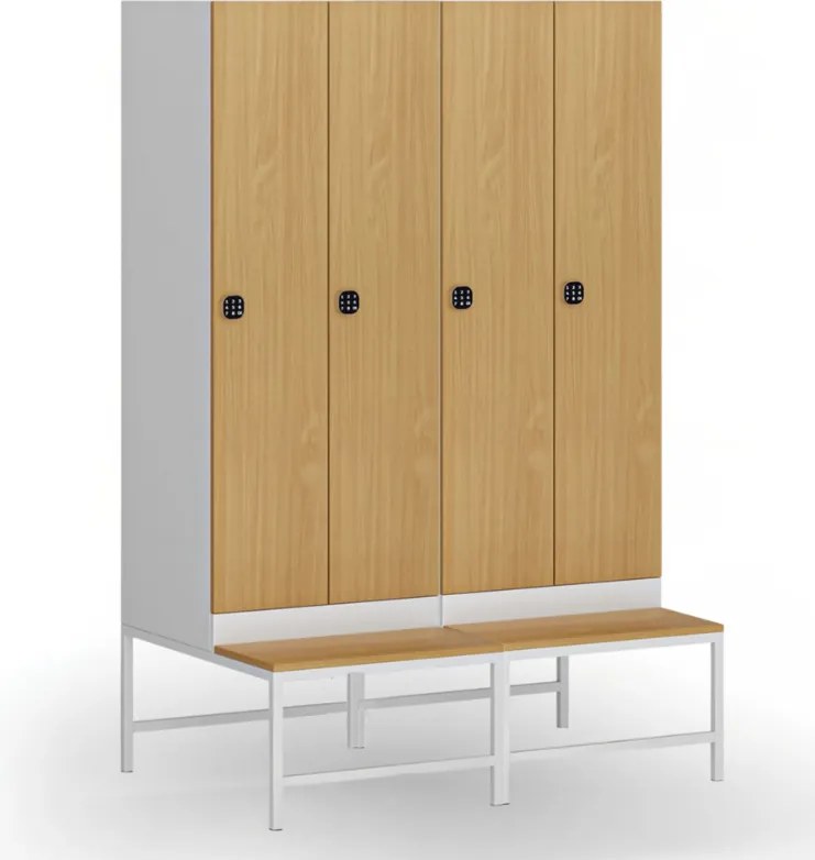 Szafka ubraniowa S1 z ławką, 2-drzwiowa, 1875 x 600 x 500/800 mm, zamek kodowy, drzwi laminowane, orzech