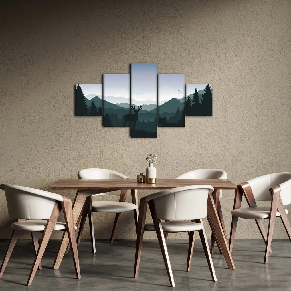 Obraz - Jeleń z wilkiem w skałach (125x70 cm)